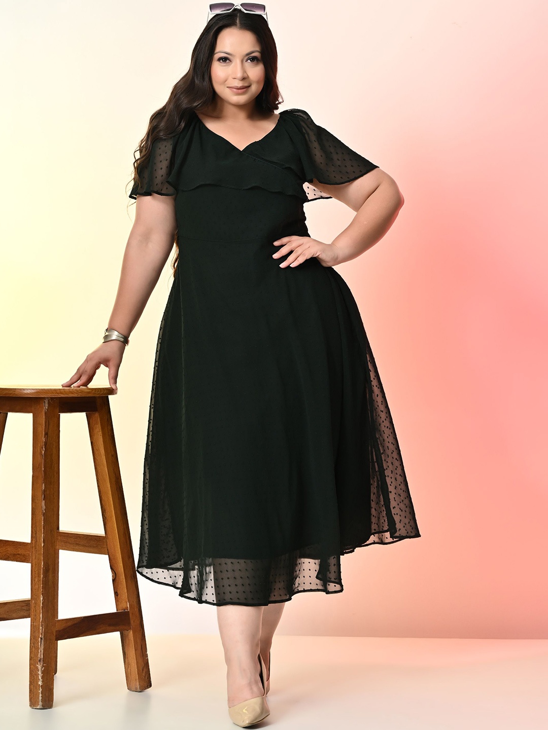 

PrettyPlus by Desinoor.com Plus Size Flared Sleeve Georgette Fit & Flare Midi Dress, Green
