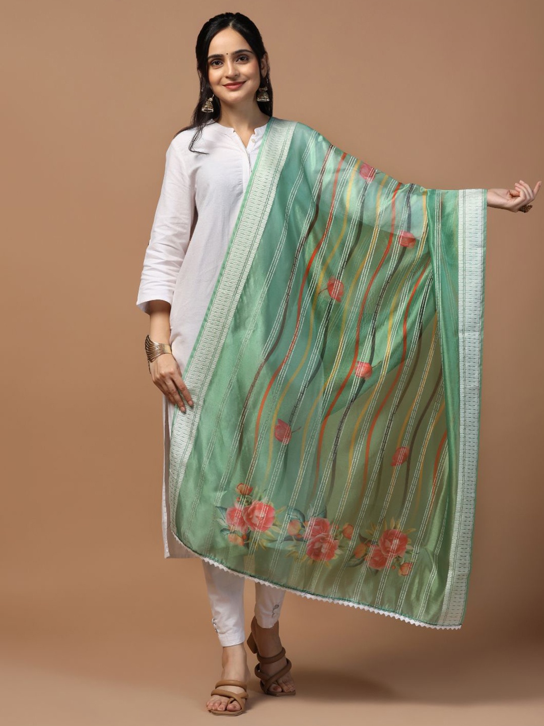 

Kaizen TEXO FAB Ethnic Motifs Printed Organza Dupatta, Sea green