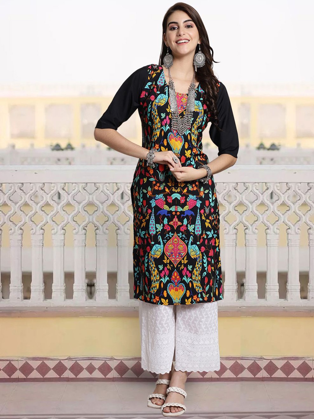 

7Threads Women Printed Thread Work Floral Crepe Kurta, Multi
