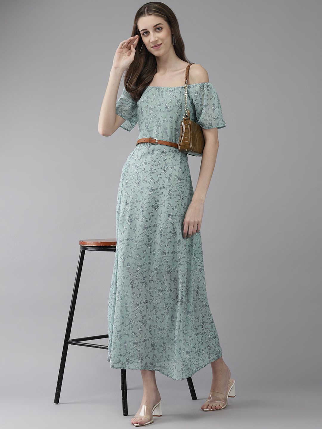 

BAESD Floral Print Cold-Shoulder Georgette Maxi Dress, Green
