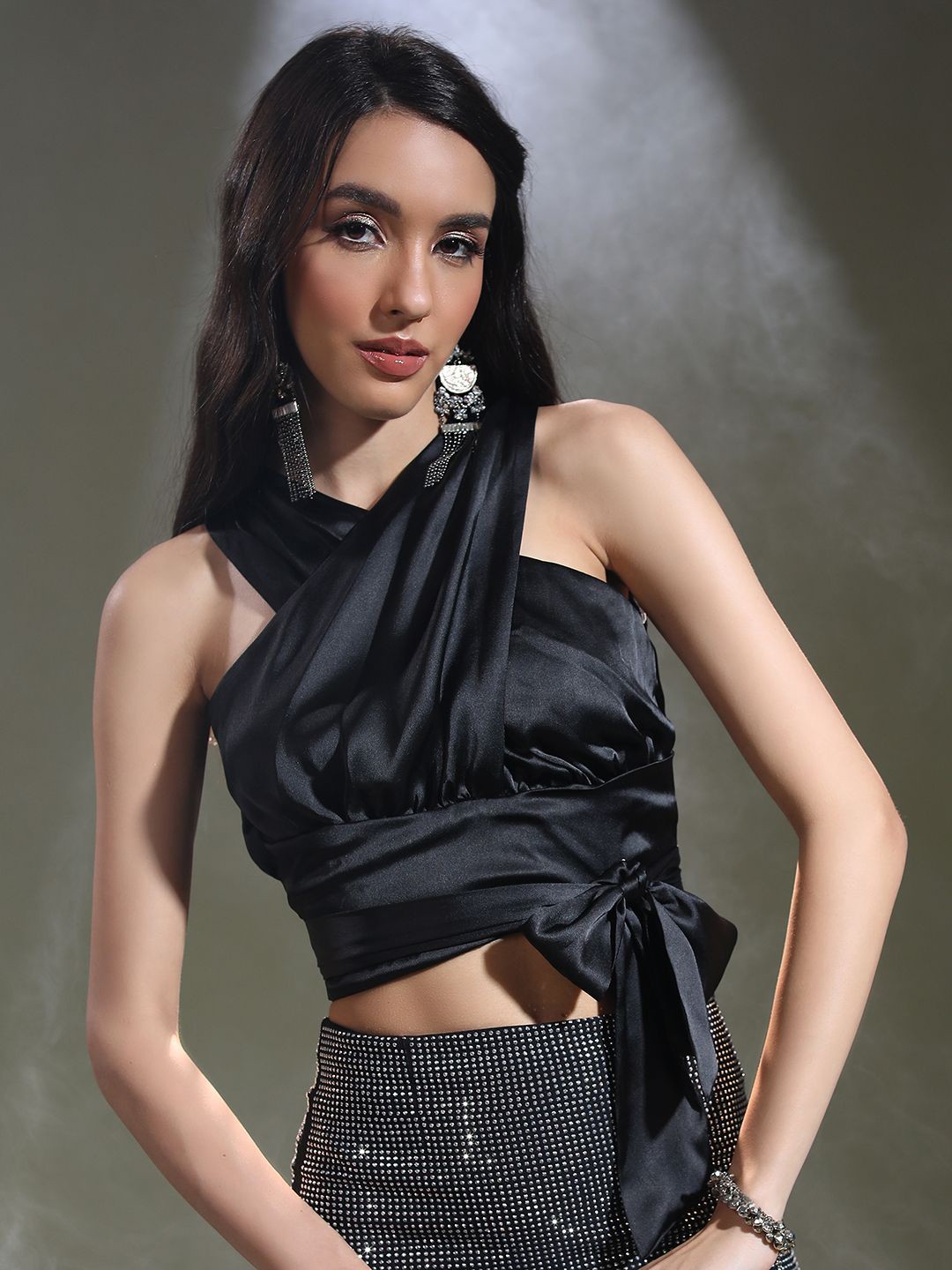 

Tokyo Talkies One Shoulder Wrap Crop Top, Black