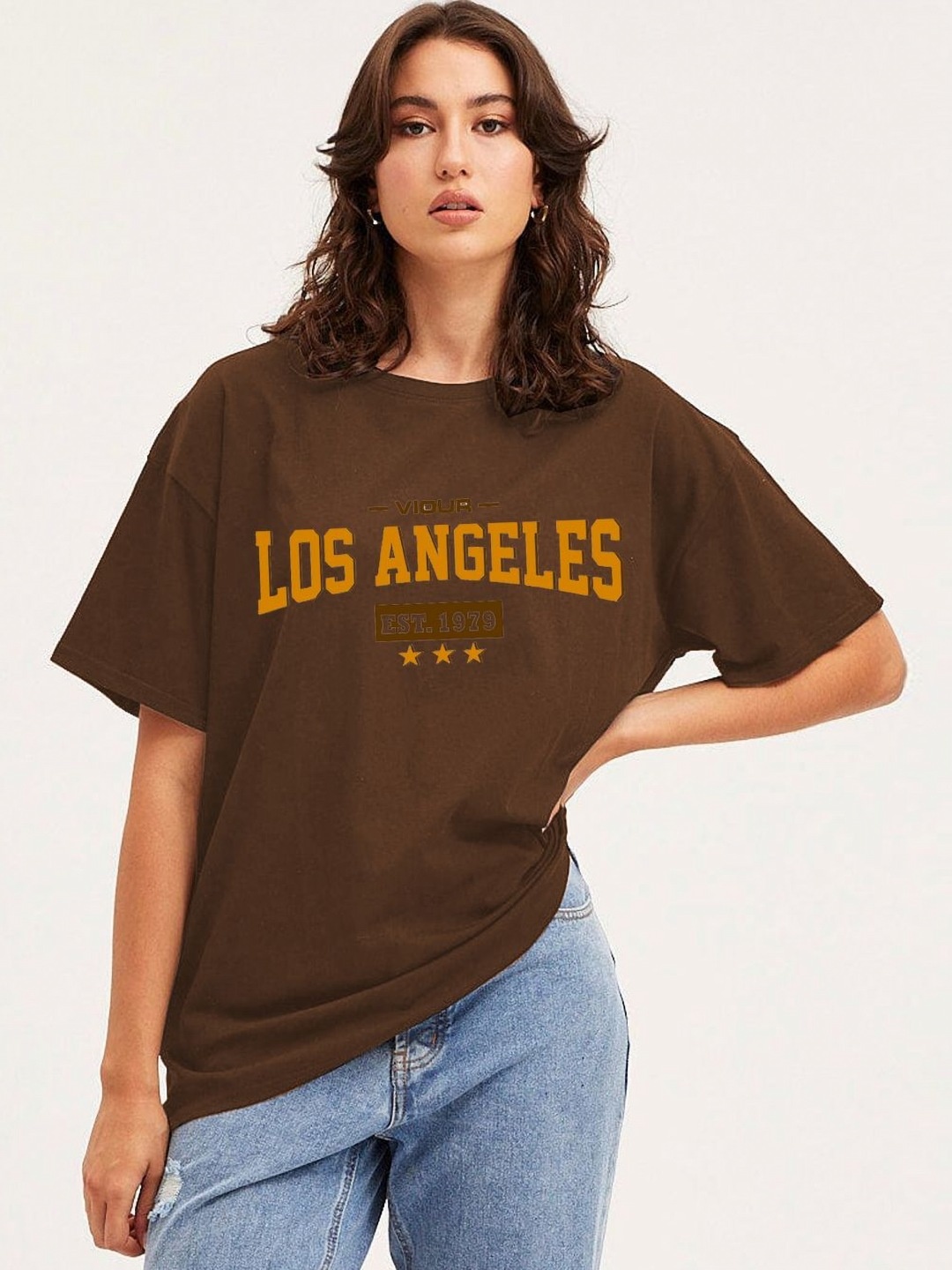 

CLAFOUTIS Women Typography Printed Extended Sleeves Applique T-shirt, Brown