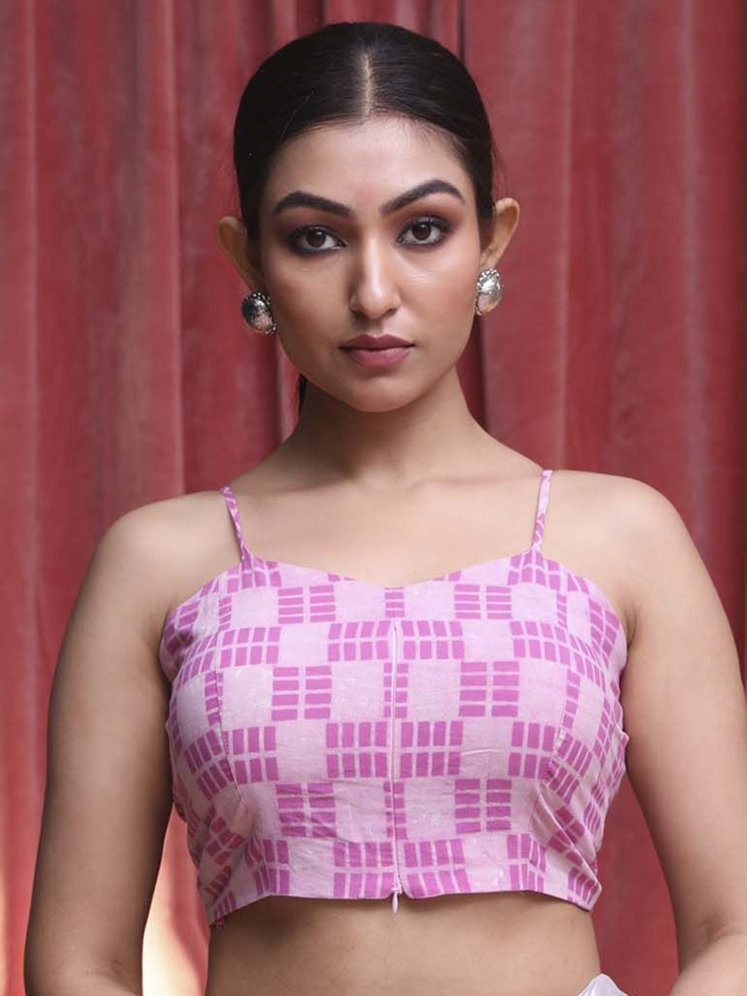 

Indethnic Printed Cotton Sweetheart Neck Saree Blouse, Pink
