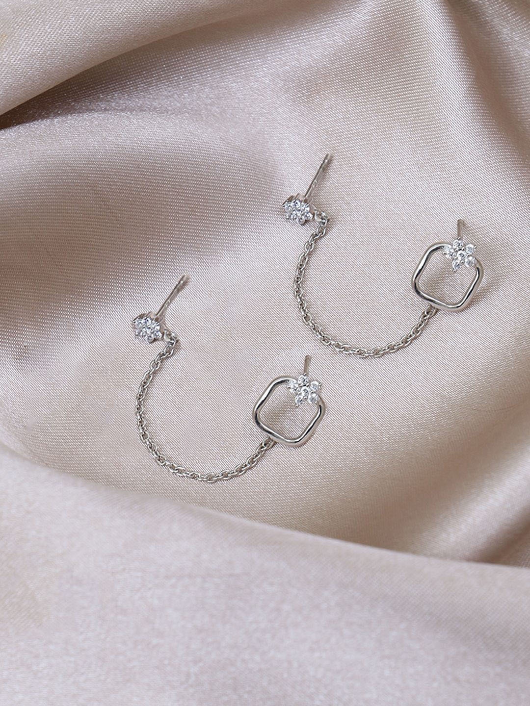 

House of Pataudi 925 Sterling Silver Flower Double Ear Piercing Drop Earrings