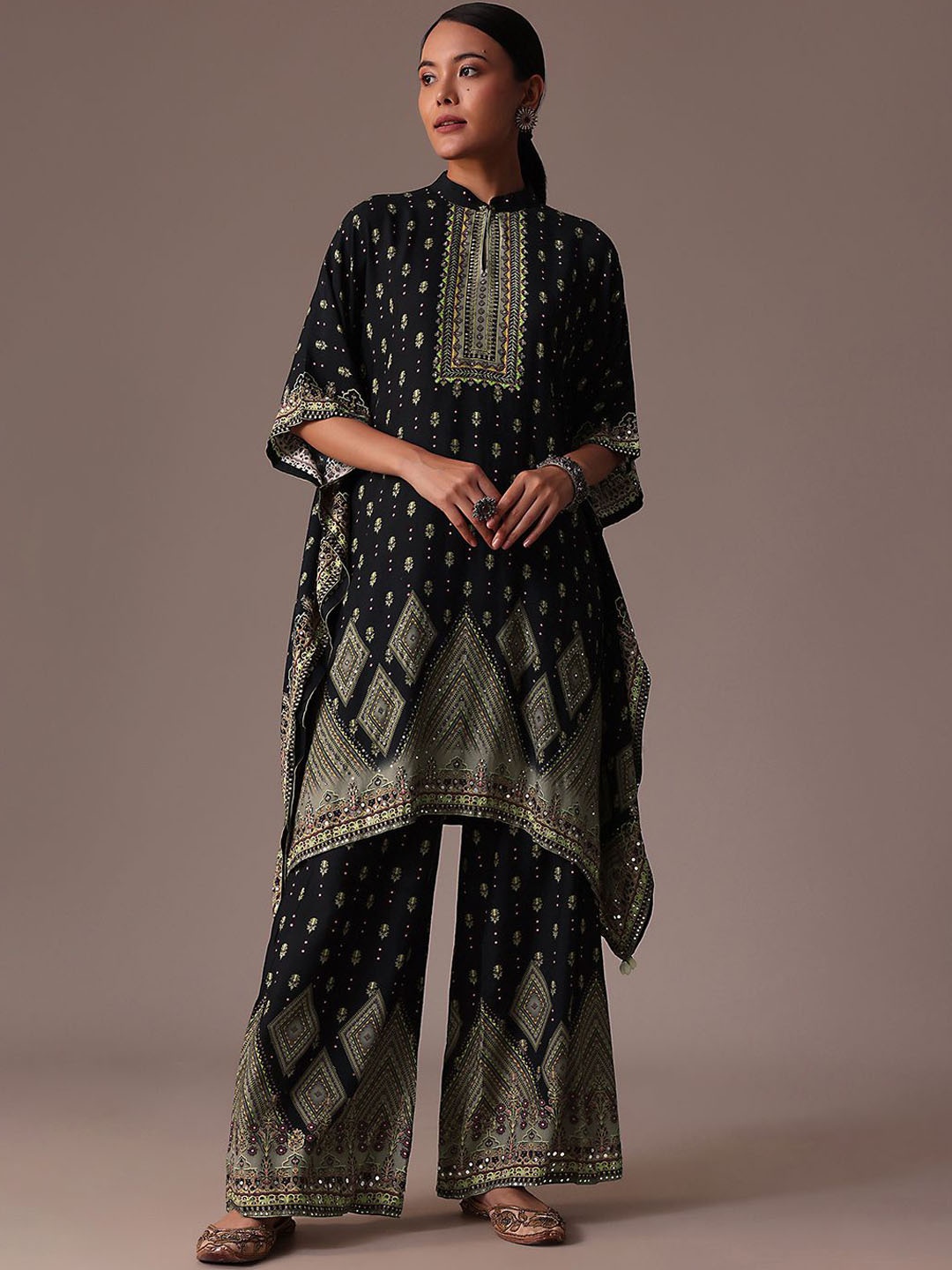 

KALKI Fashion Embroidered Short Sleeve Tunic & Trouser Co-Ords, Black