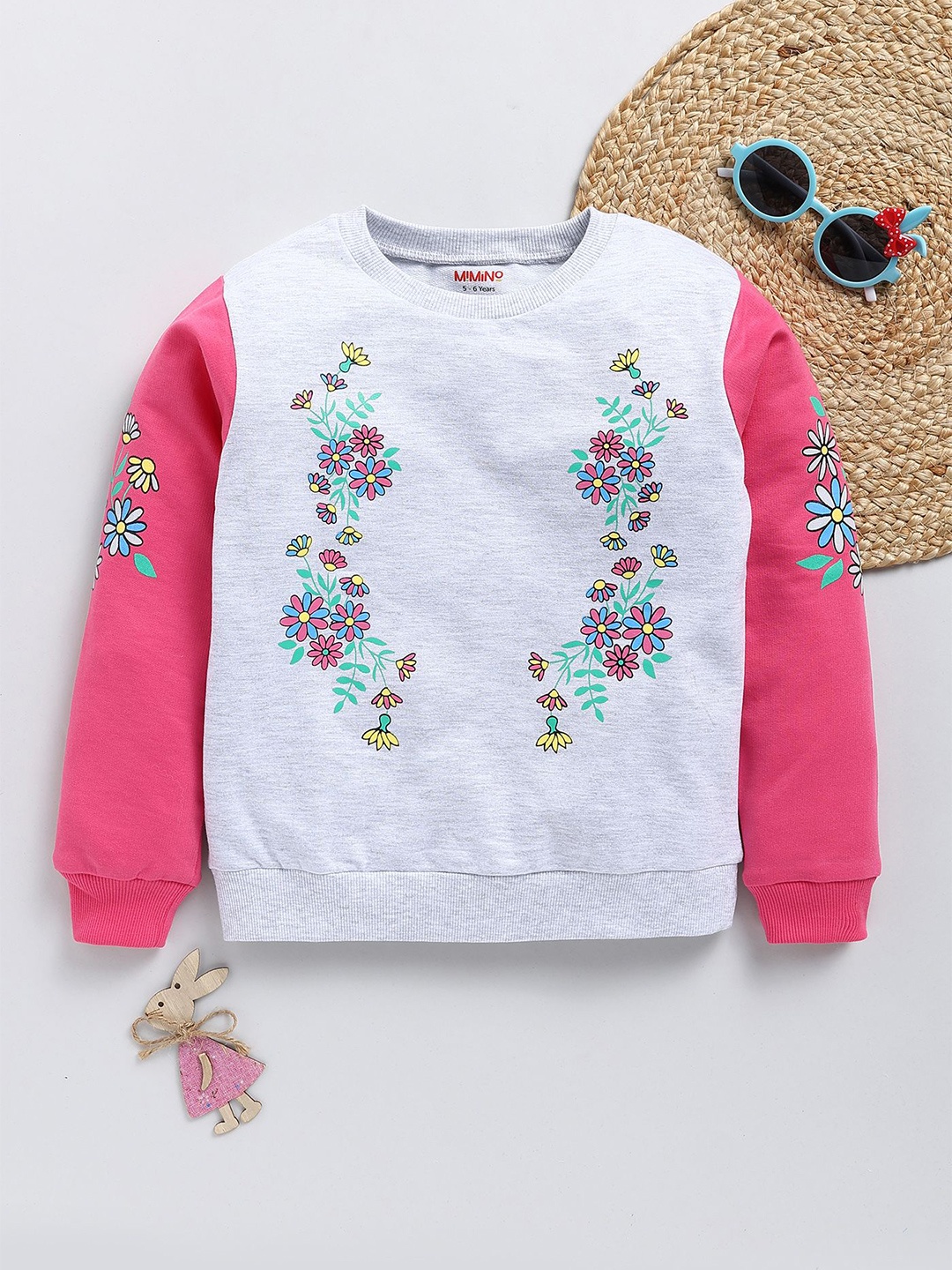 

MIMINO Girls Floral Printed Sweatshirt, Grey