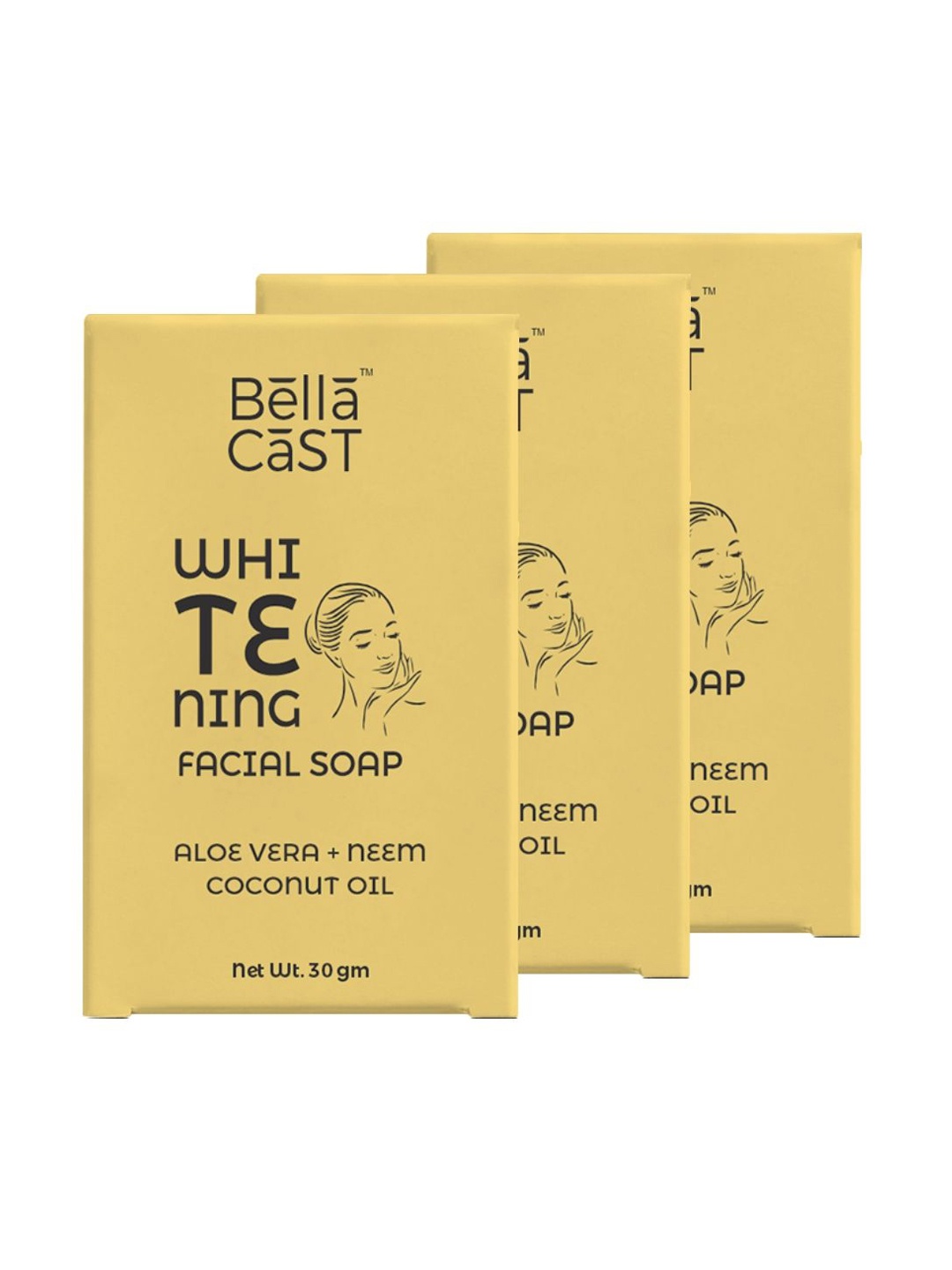 

BellaCast Set Of 3 Whitening Facial Soap with Aloe Vera & Neem - 30g Each, White