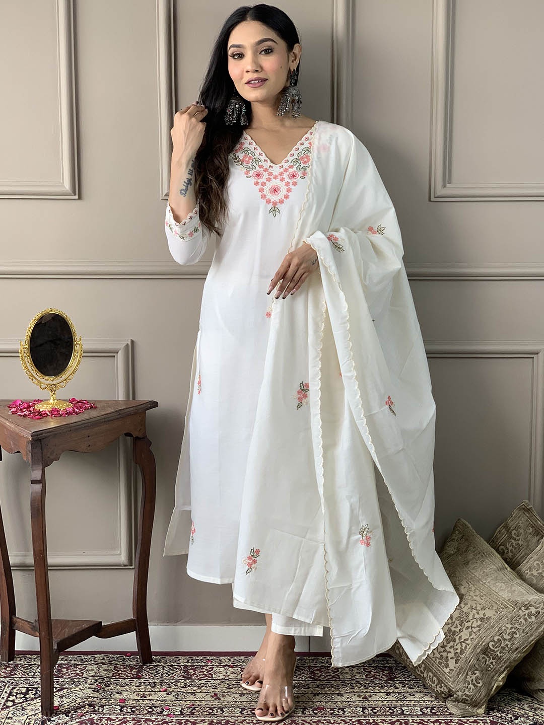 

THE52 Women Floral Yoke Design Regular Thread Work Pure Cotton Kurta with Trousers & With Dupatta, White