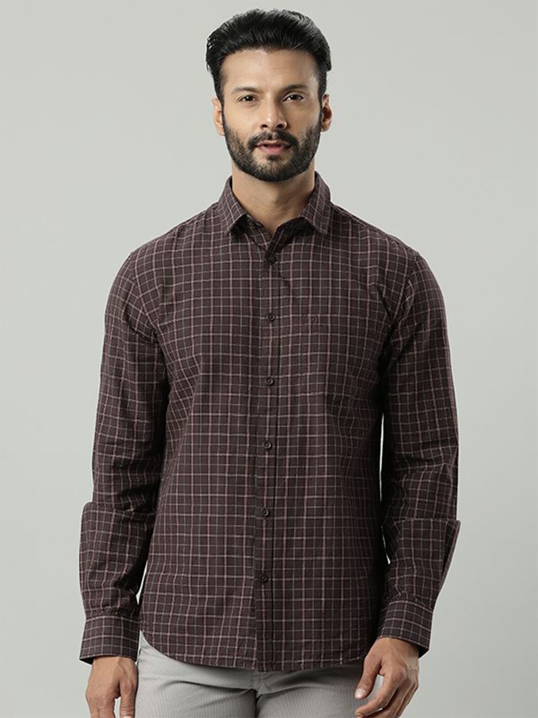 

Indian Terrain Men India Slim Spread Collar Tartan Checked Cotton Slim Fit Casual Shirt, Brown