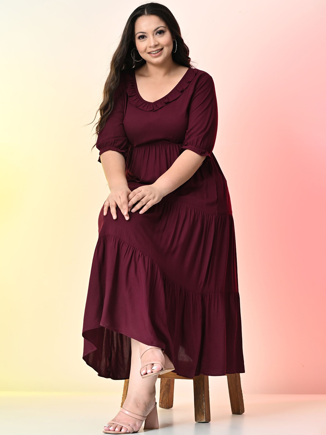 

PrettyPlus by Desinoor.com Plus Size Puff Sleeve Ruffle Tiered Fit & Flare Midi Dress, Burgundy