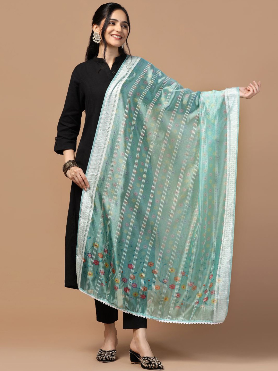 

Kaizen TEXO FAB Ethnic Motifs Printed Organza Dupatta, Sea green