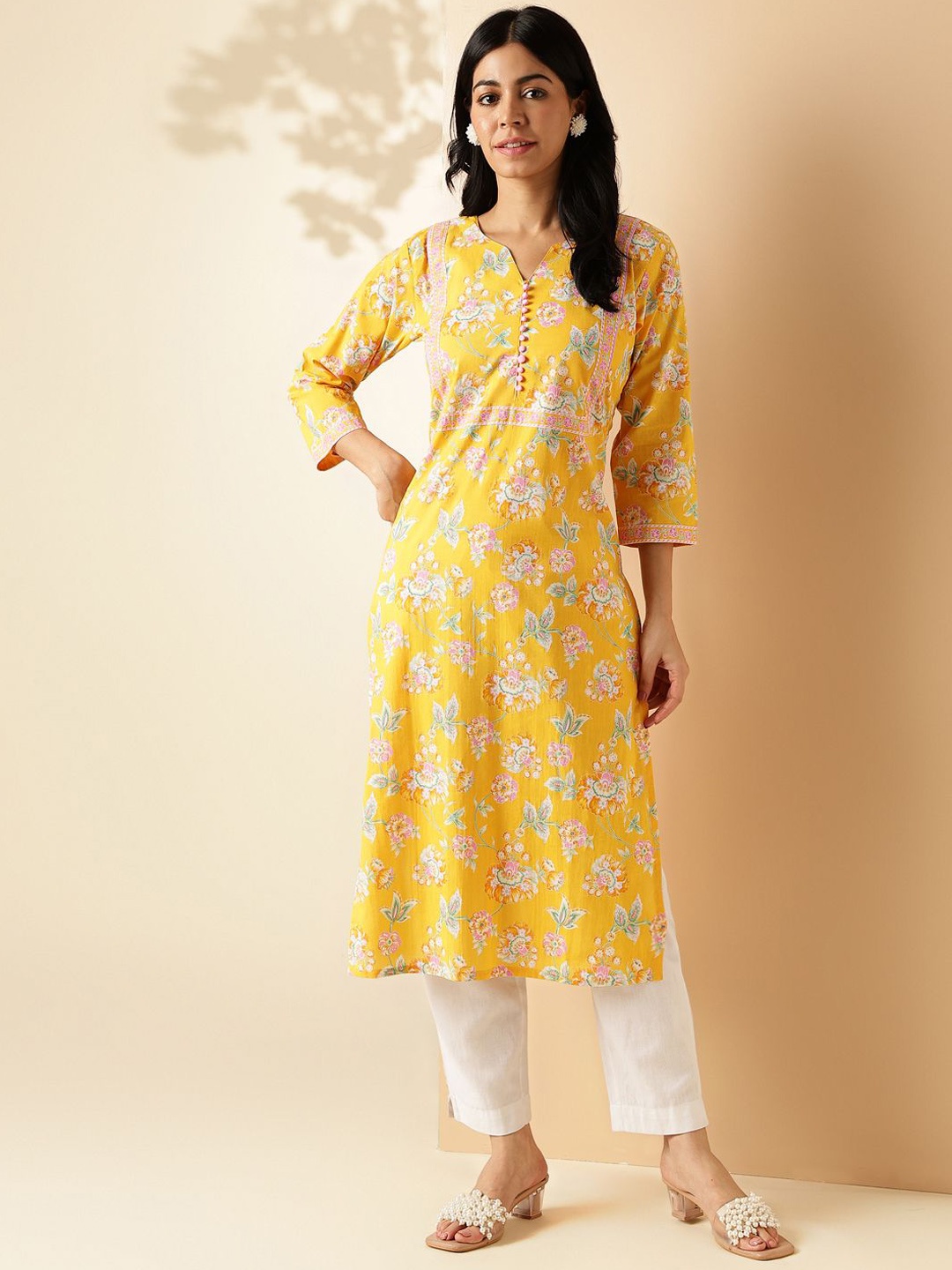 

Vbuyz Women Floral Printed Flared Sleeves Thread Work Floral Anarkali Kurta, Yellow