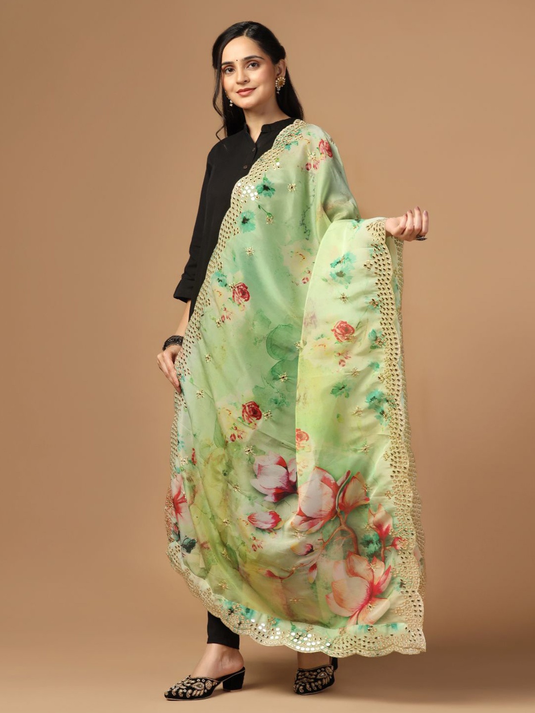 

Kaizen TEXO FAB Floral Printed Organza Dupatta, Green