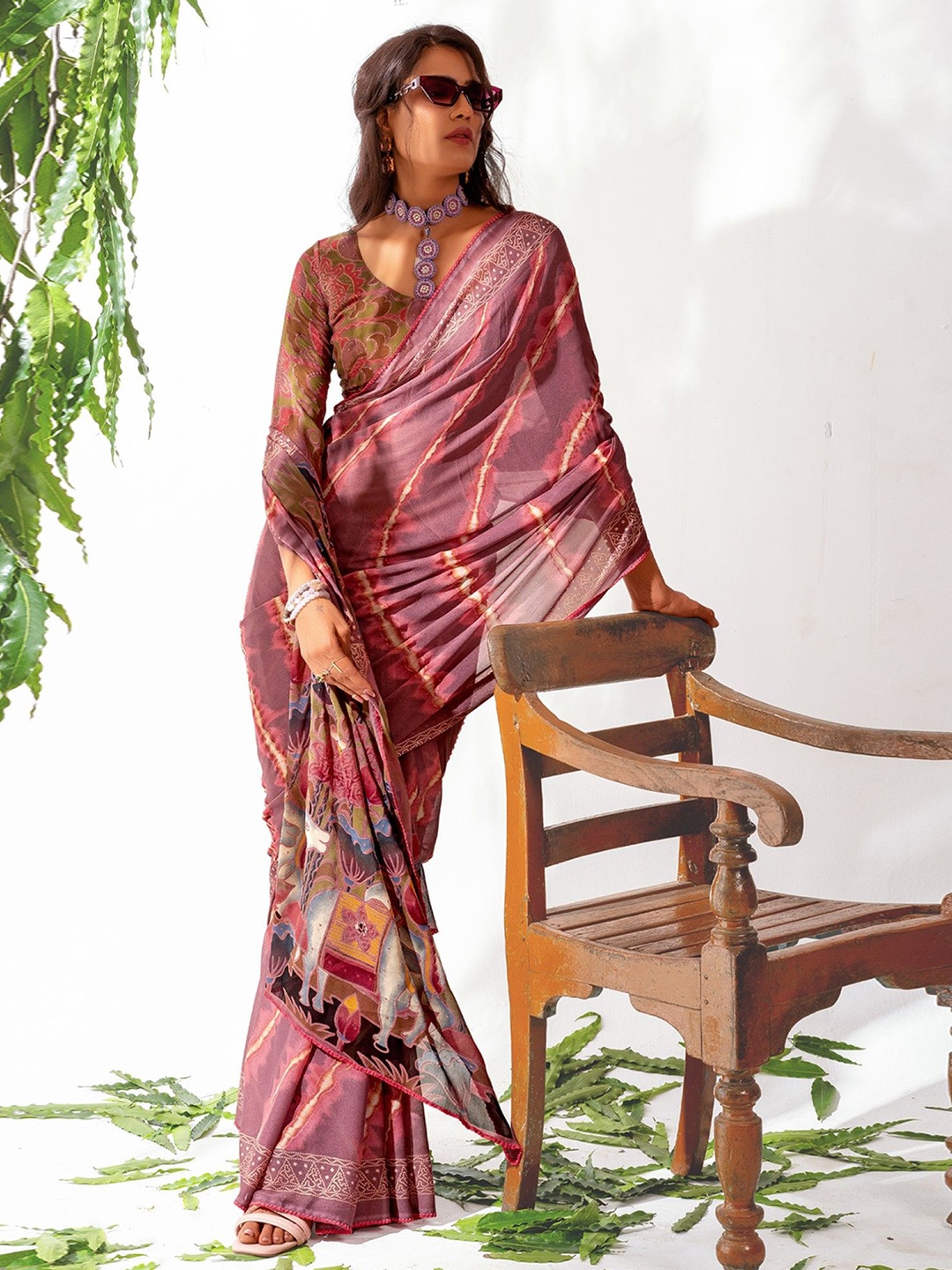 

Mitera Leheriya Poly Chiffon Saree, Burgundy