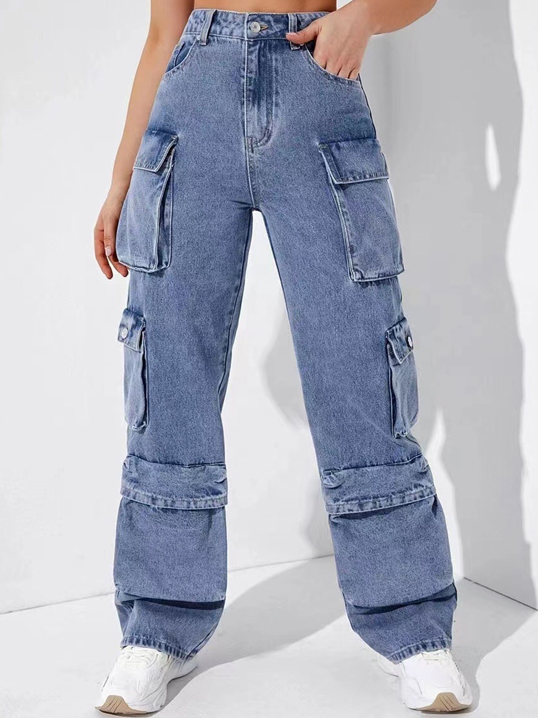 

LULU & SKY Women Straight Fit High-Rise Cotton Cargo Jeans, Blue