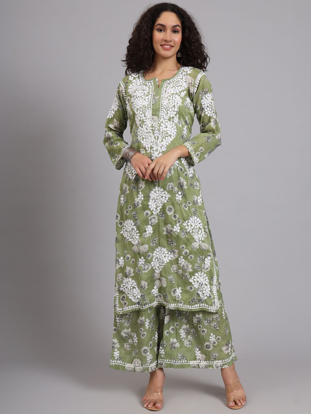 

The Chikan Label Women Floral Embroidered Regular Thread Work Pure Cotton Kurta with Palazzos, Green