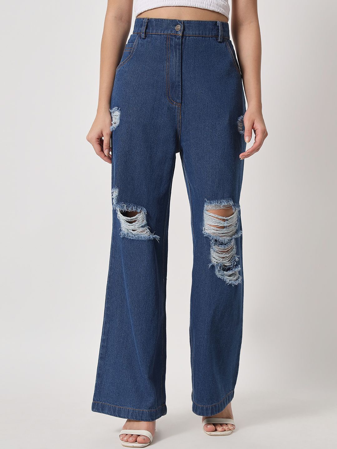 

Orchid Blues Women Flared Cotton High-Rise Slash Knee Jeans, Blue