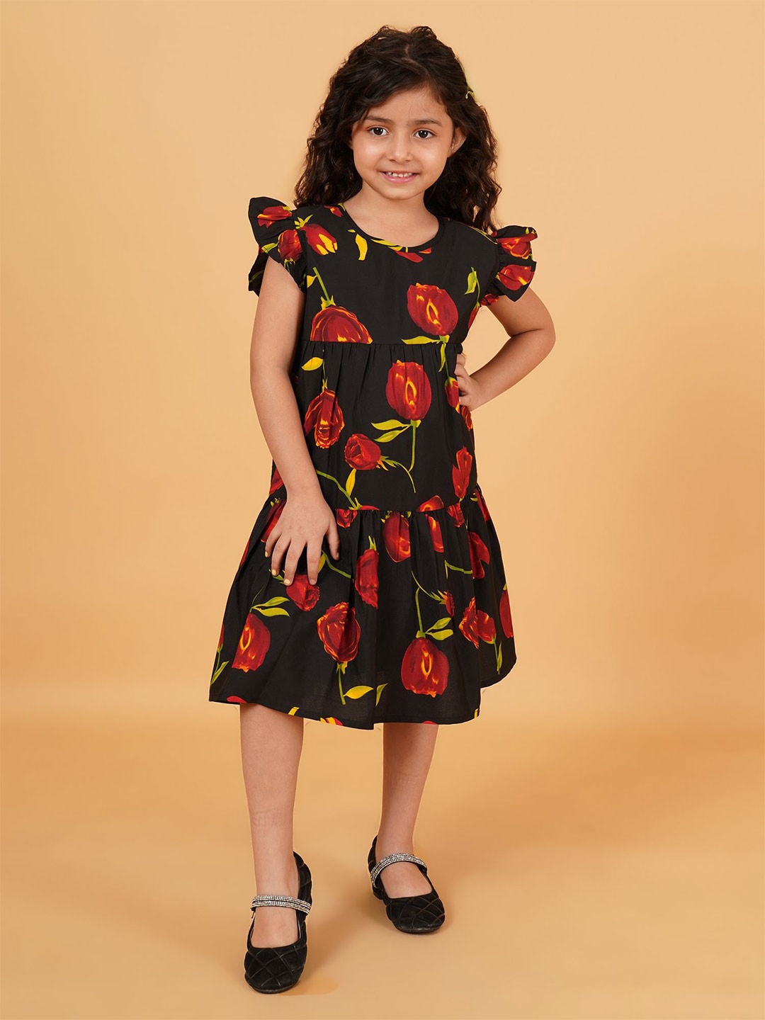 

Creative Kids Floral Print Flutter Sleeve Drop-Waist Midi Dress, Black
