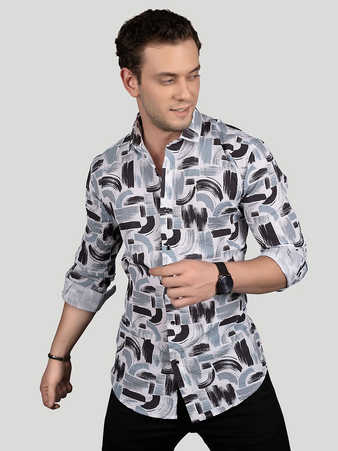 

ALMATY Men Comfort Slim Fit Opaque Printed Party Shirt, Blue