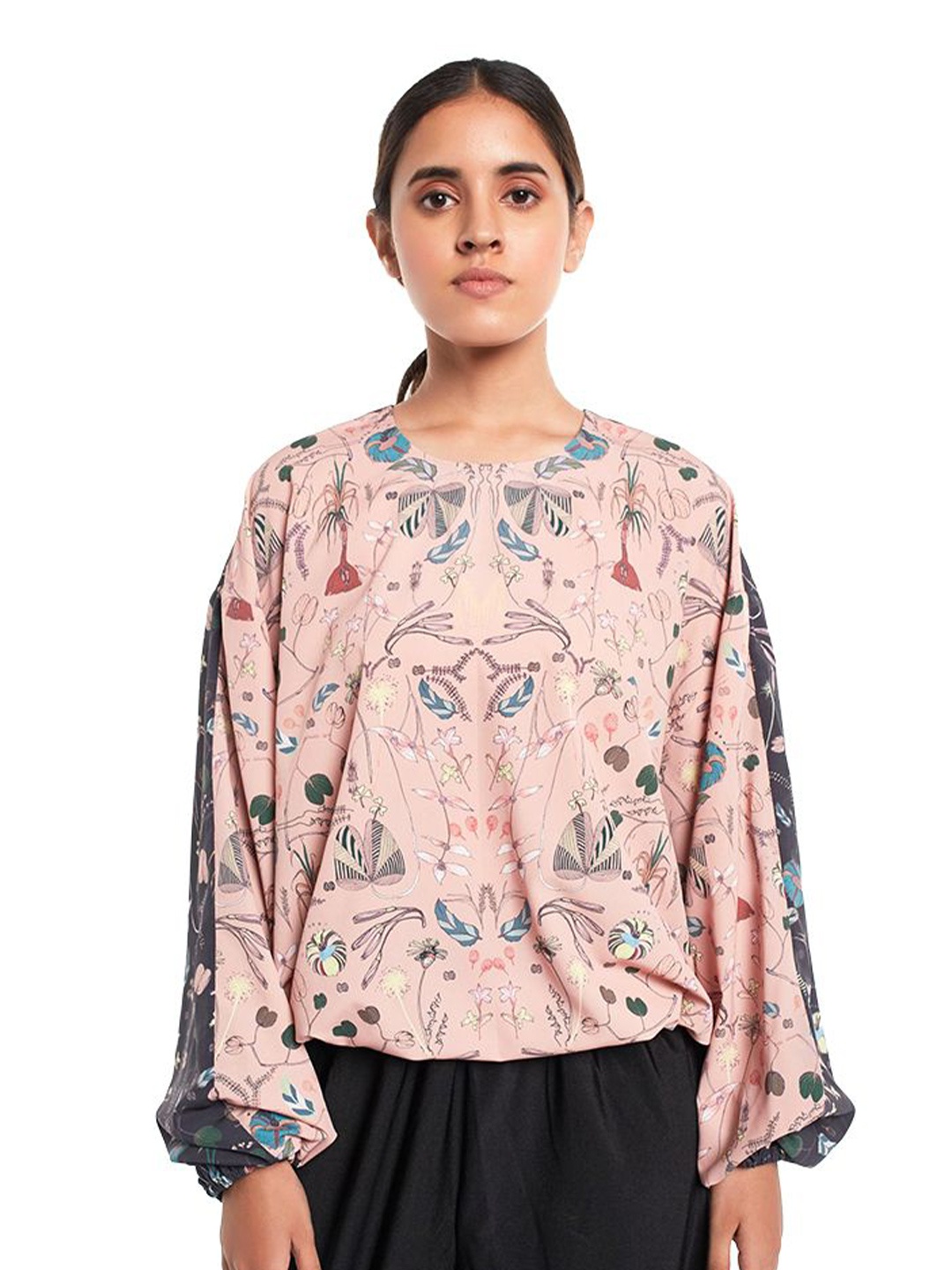 

PS PRET BY PAYAL SINGHAL Floral Print Crepe Blouson Top, Peach