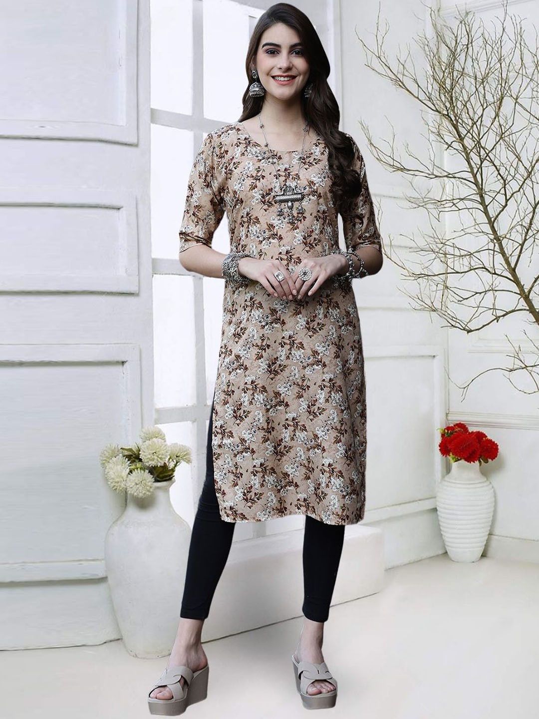 

7Threads Women Flared Sleeves Mirror Work Floral Crepe Kurta, Multi