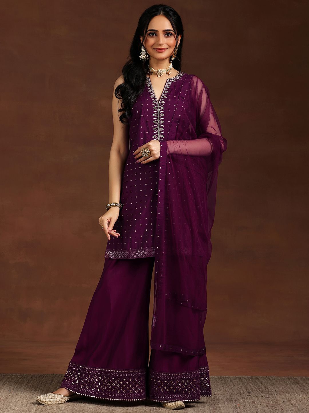 

Libas Women Floral Embroidered Regular Kurta with Palazzos & With Dupatta, Burgundy
