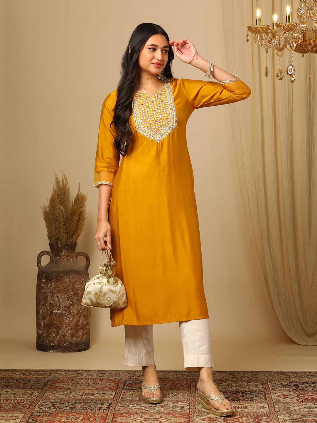 

Globus Women Ethnic Motifs Yoke Design Thread Work Kurta, Yellow