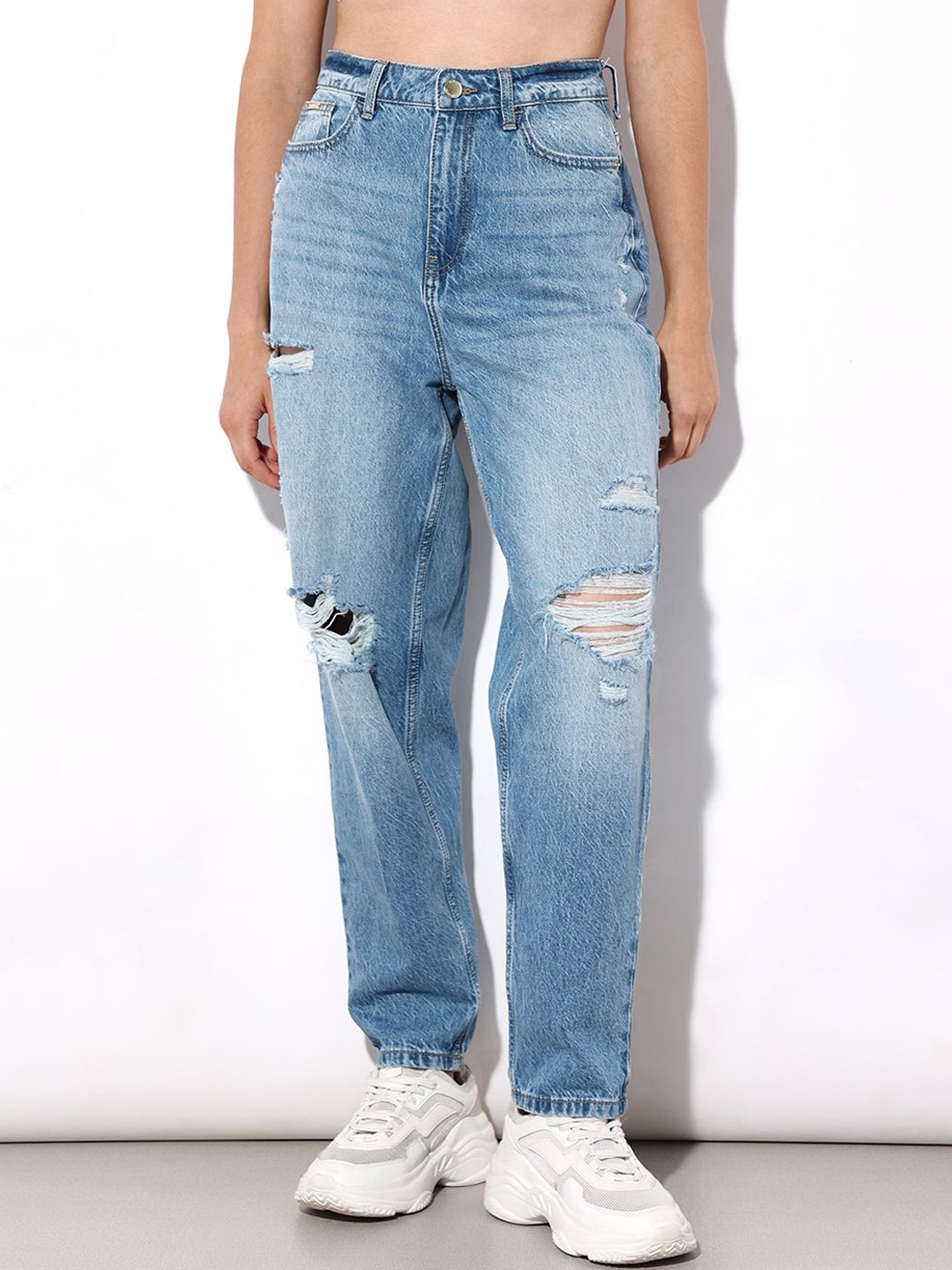 

ONLY Women High-Rise Mildly Distressed Light Fade Slouchy Fit Jeans, Blue