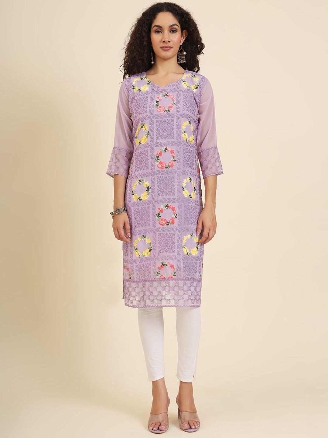 

HERE&NOW Women Floral Printed Flared Sleeves Thread Work Georgette Kurta, Lavender