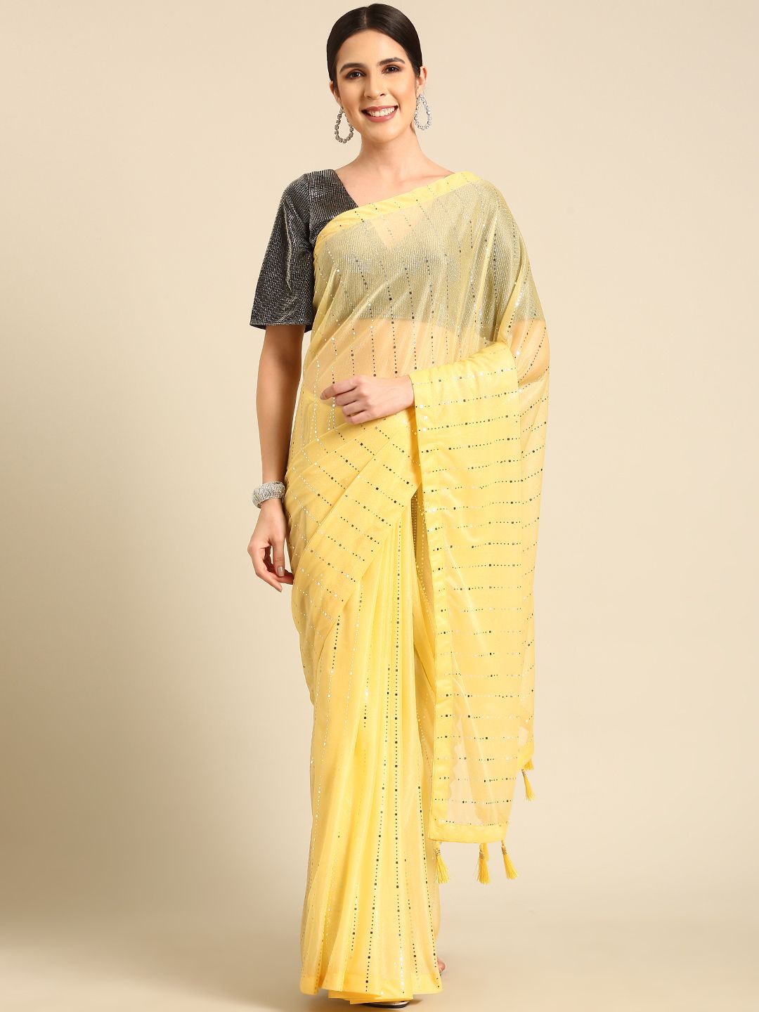 

all about you Embellished Mirror Work Saree, Yellow