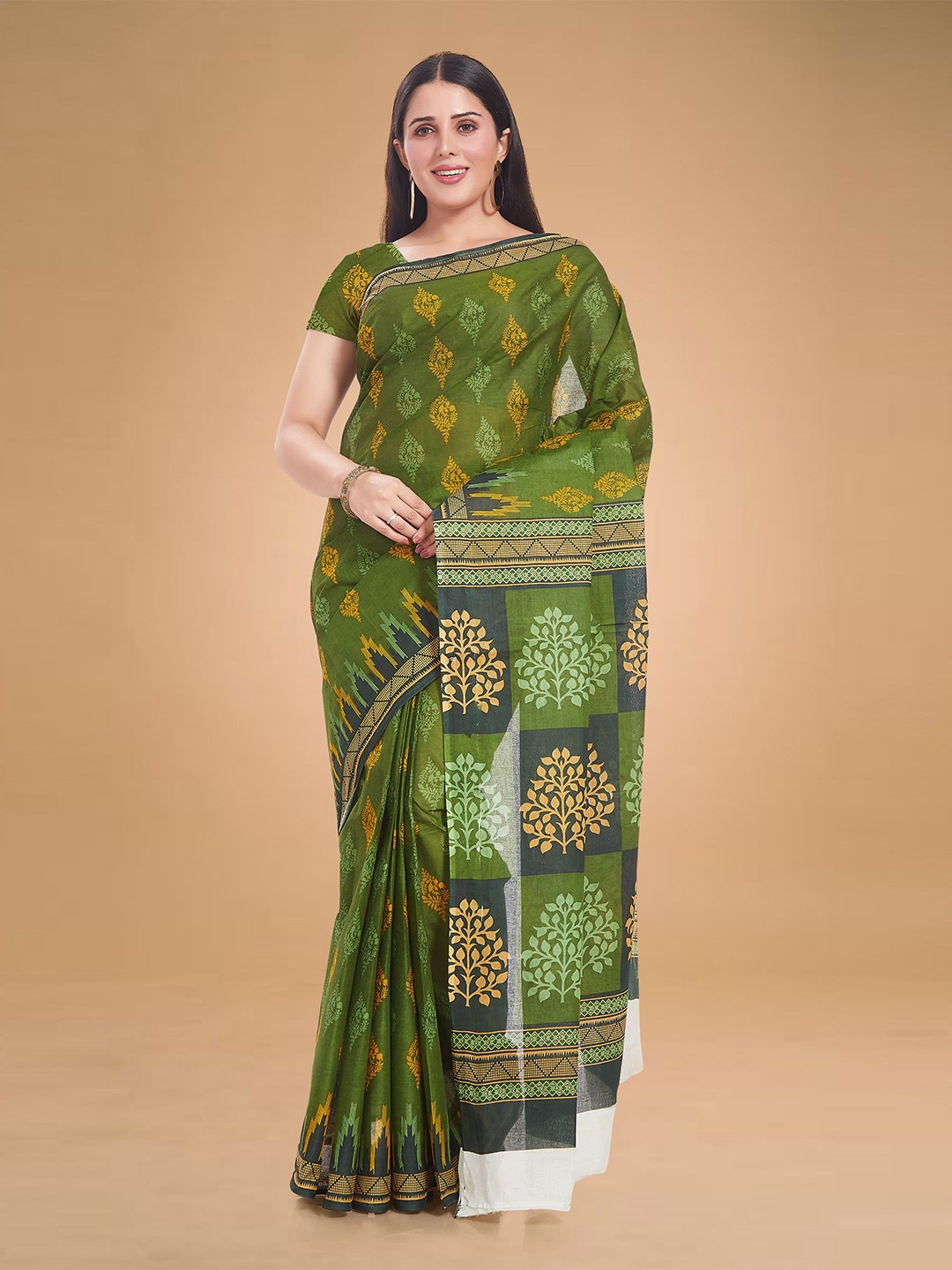 

Rani Saahiba Floral Pure Cotton Saree, Green