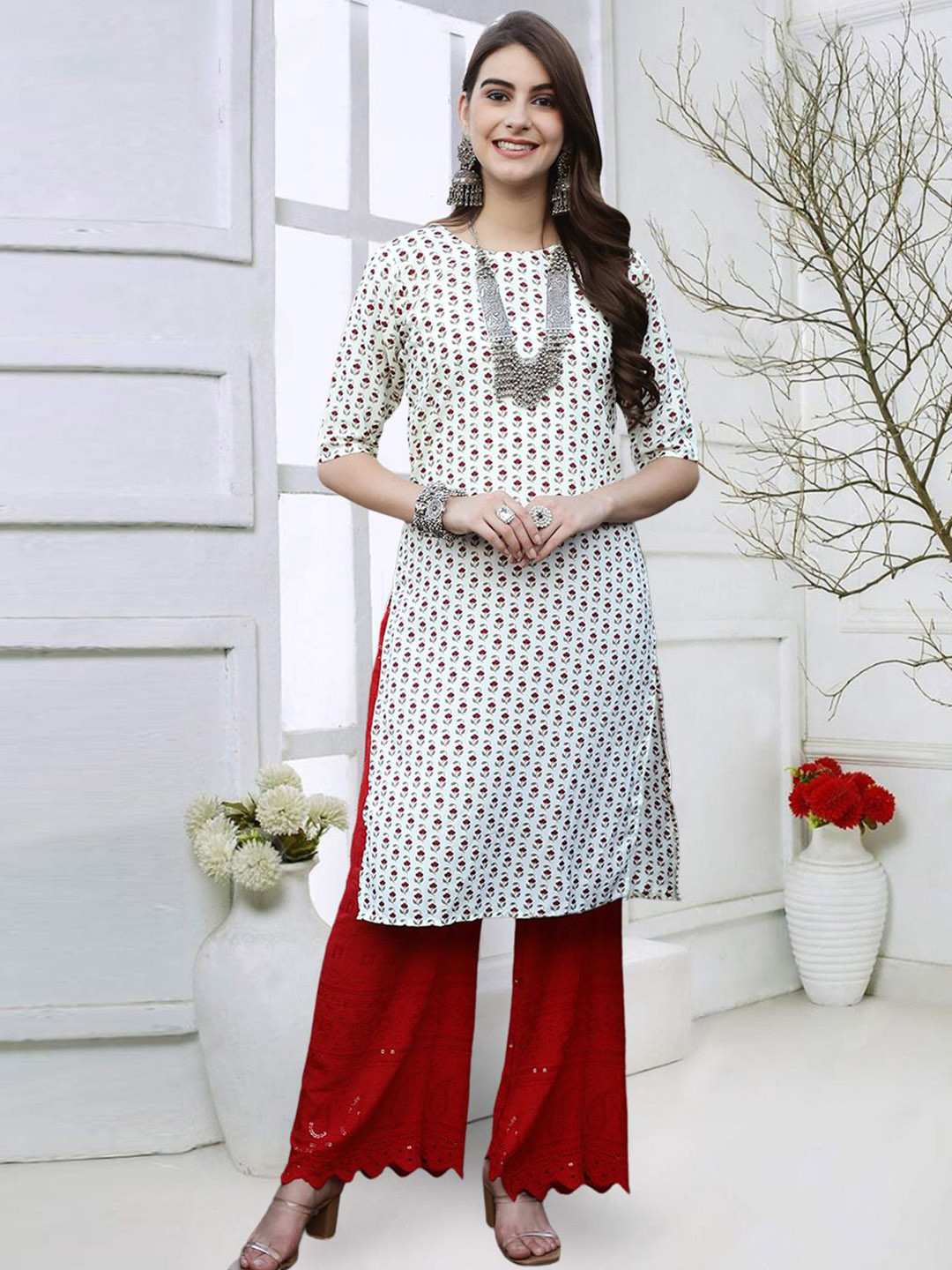 

7Threads Women Geometric Printed Mirror Work Floral Crepe Kurta, Multi
