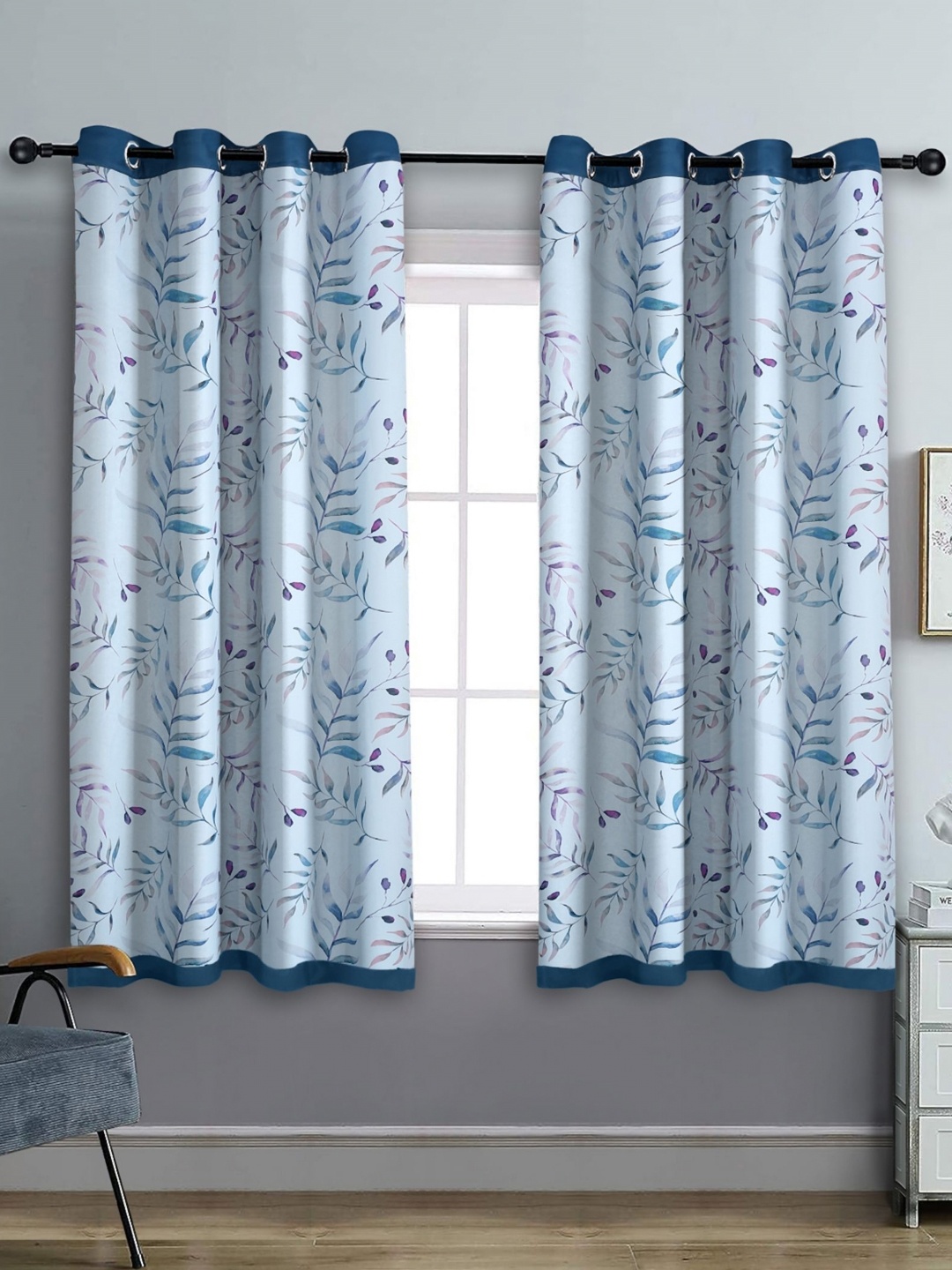 

Aura White & Blue Set of 2 Floral Black Out Window Curtain