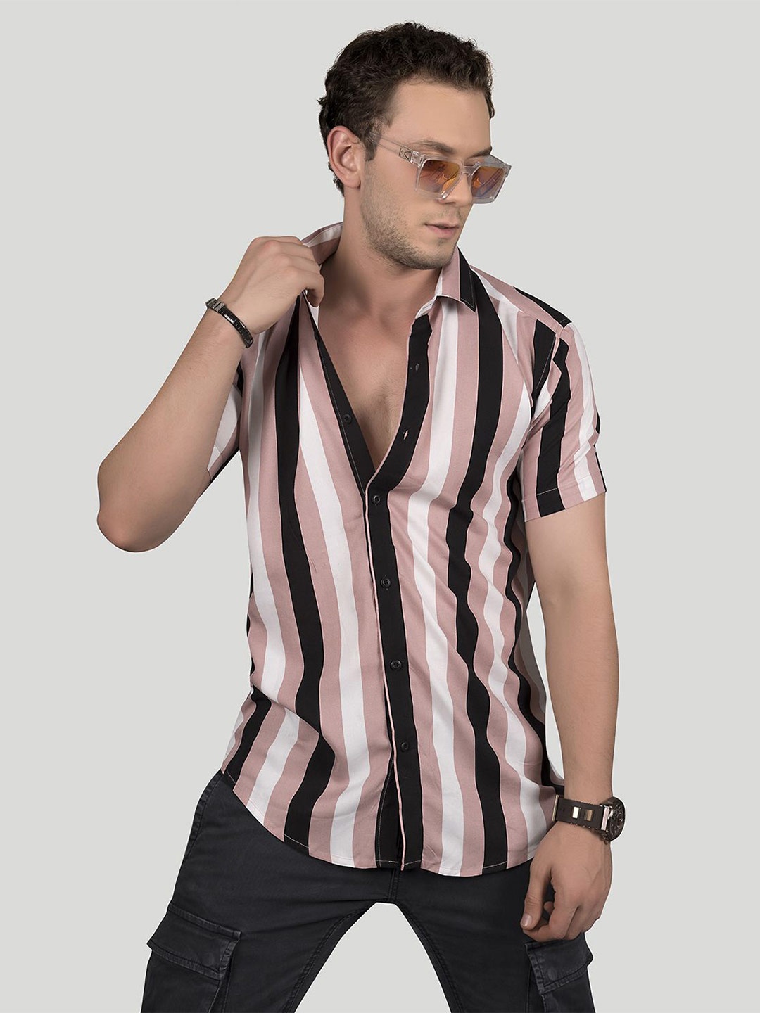 

ALMATY Men Comfort Slim Fit Opaque Striped Party Shirt, Pink