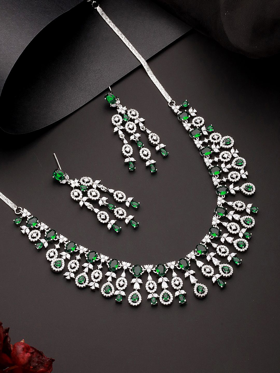 

Saraf RS Jewellery American Dimond Studded Jewellery Set, Silver