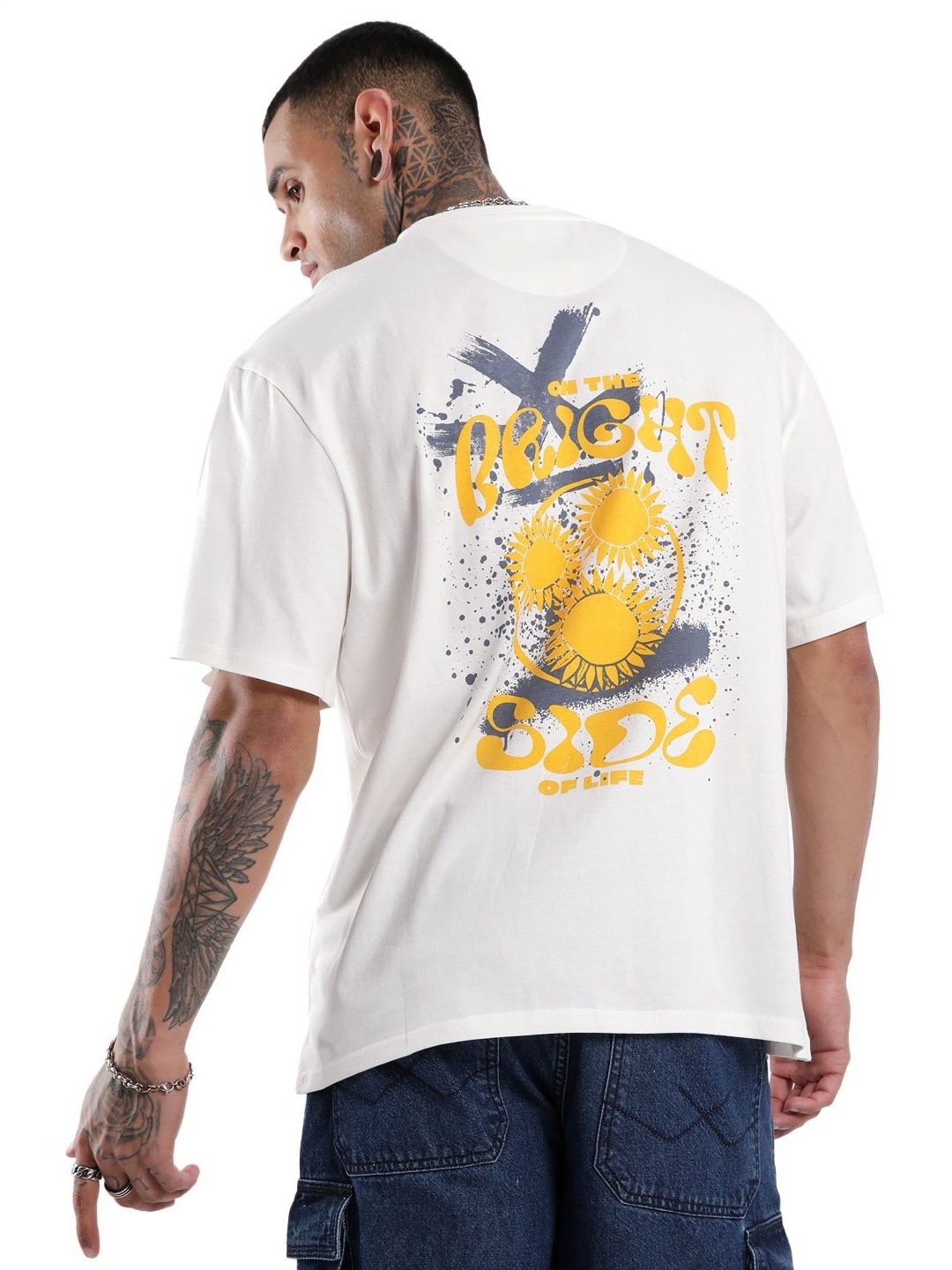 

WROGN Bright Side Graphic Printed Drop-Shoulder Sleeves Oversized Cotton T-shirt, White