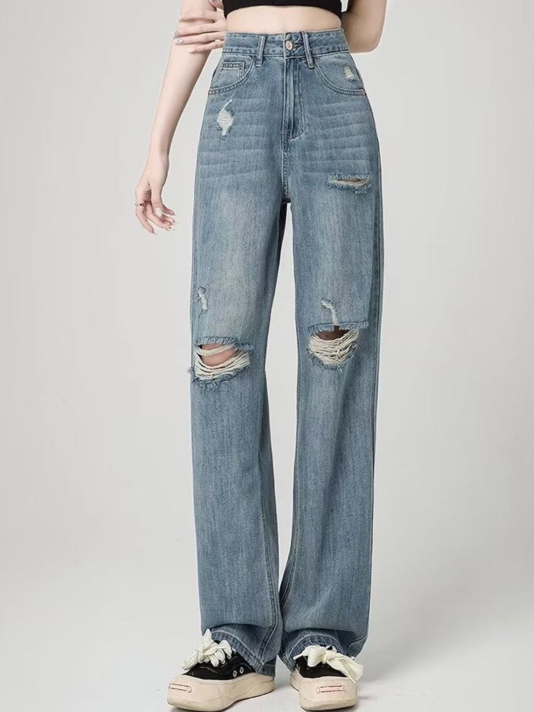 

LULU & SKY Women Straight Fit High-Rise Highly Distressed Light Fade Jeans, Blue