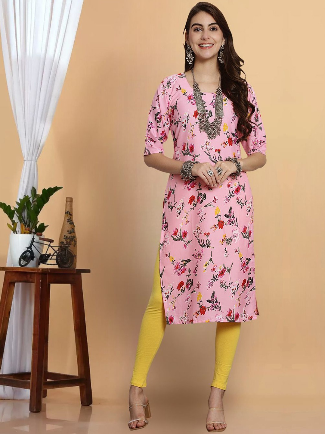 

7Threads Women Floral Printed Thread Work Floral Crepe Kurta, Multi
