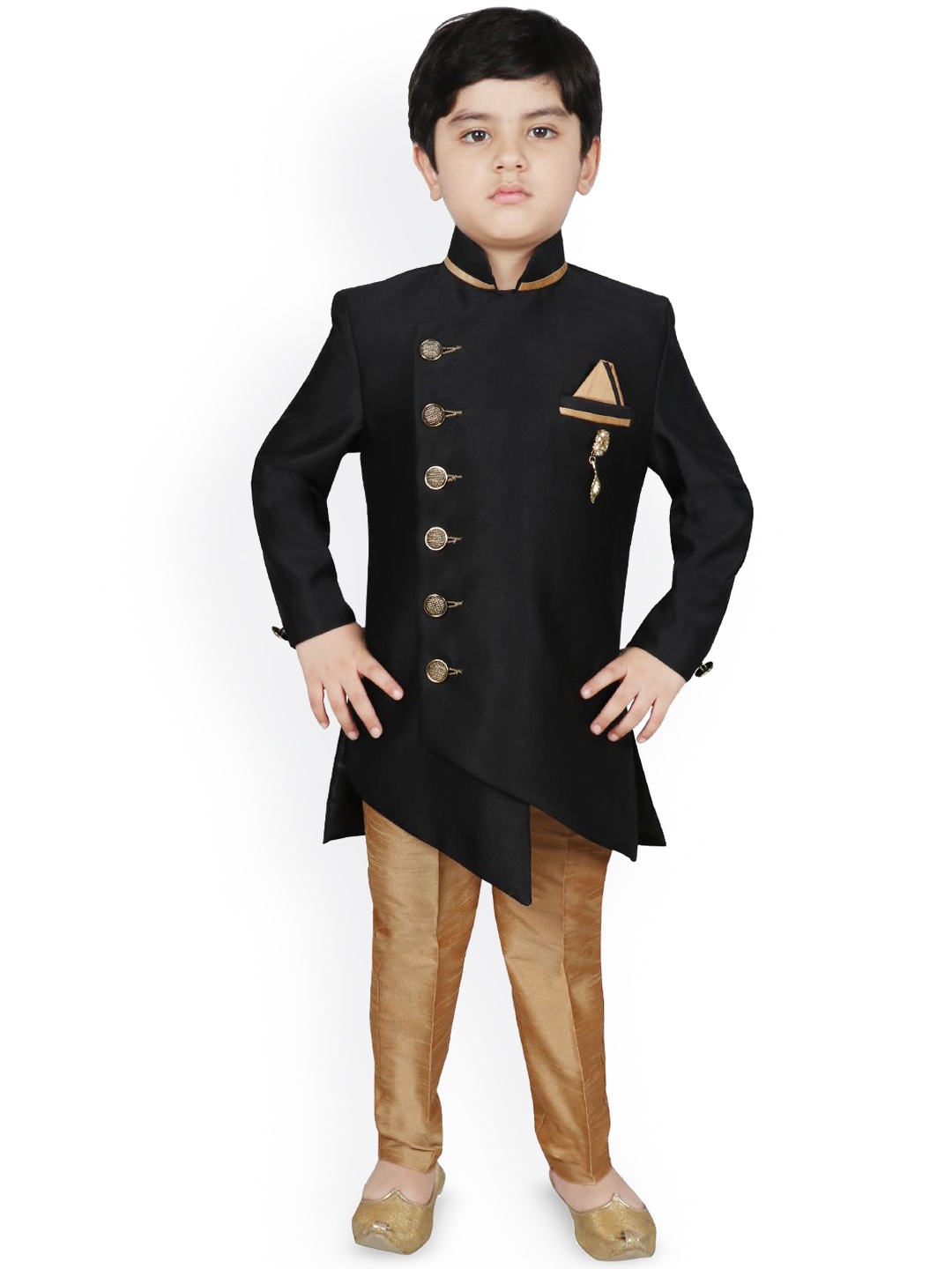 

SG YUVRAJ Boys Long Sleeves Multi Slit Sherwani Set, Black