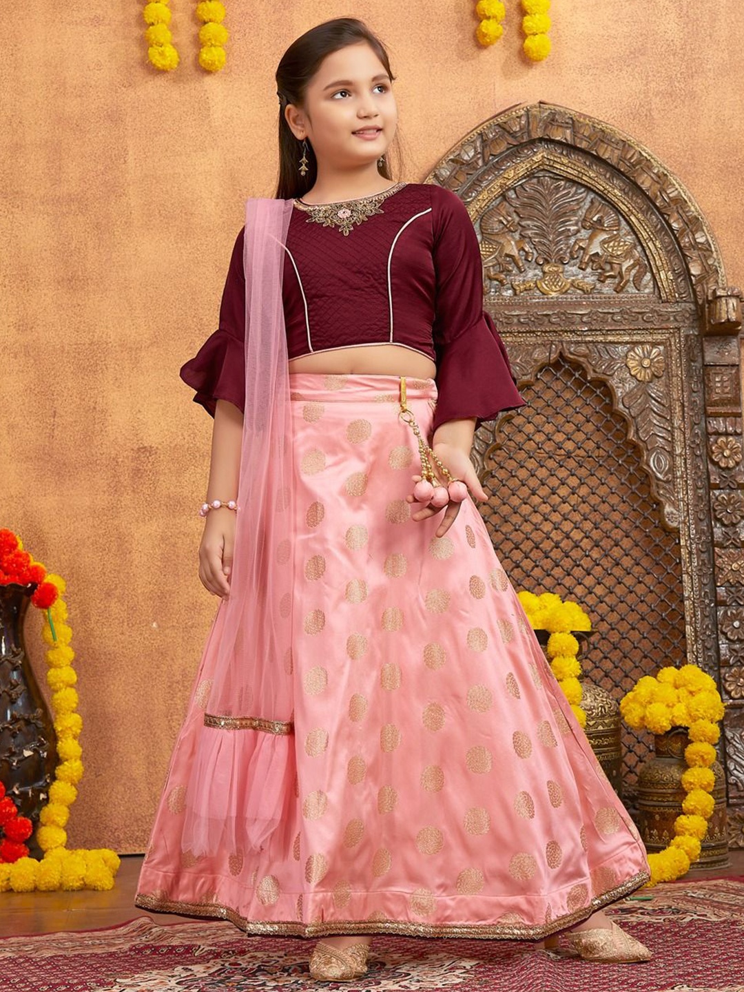 

BAESD Girls Embroidered Ready to Wear Lehenga & Blouse With Dupatta, Burgundy