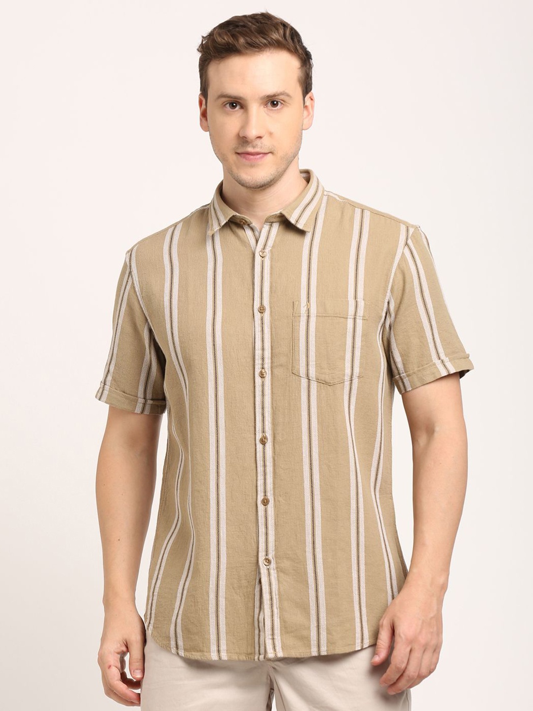 

Indian Terrain Men Classic Spread Collar Striped Cotton Casual Shirt, Brown