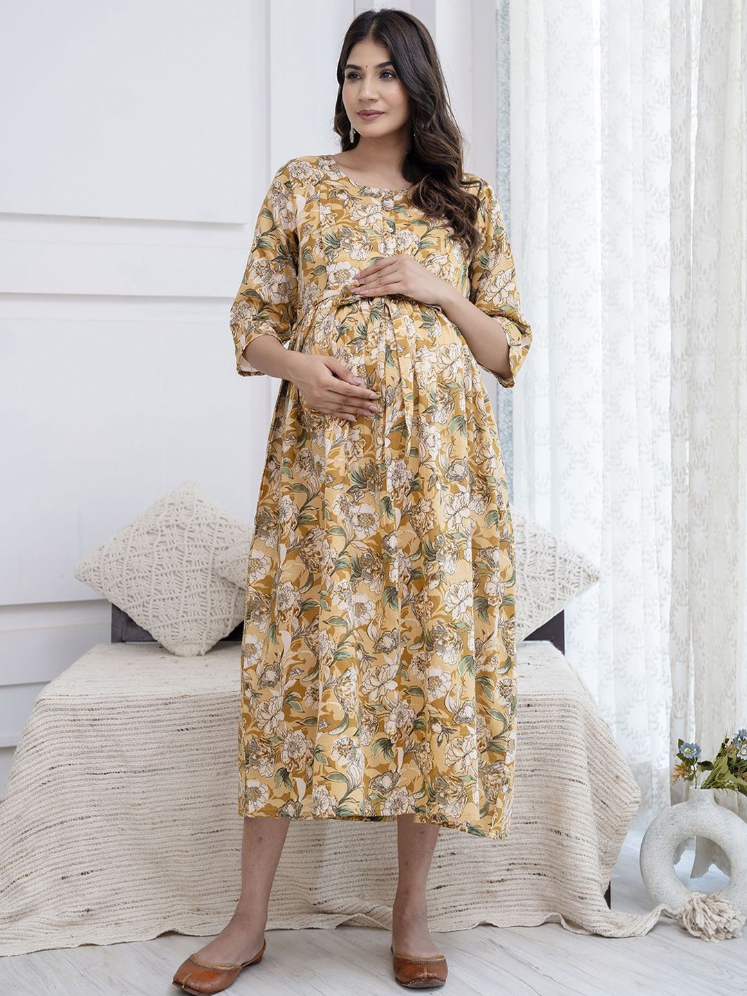 

Nayo Floral Print Maternity Empire Midi Dress, Cream