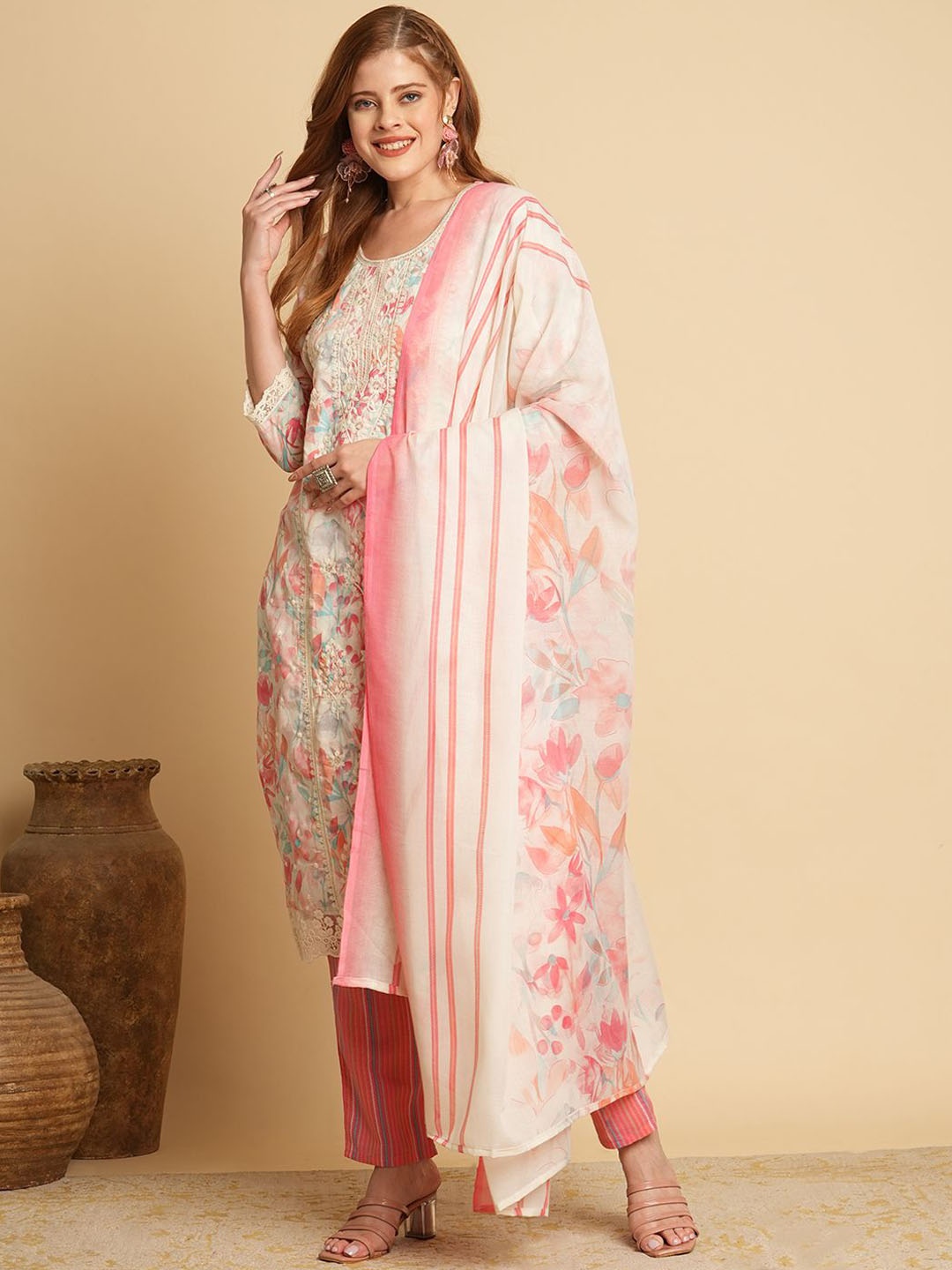 

FASHOR Women Floral Printed Regular Chikankari Pure Cotton Kurta with Trousers & With Dupatta, Peach