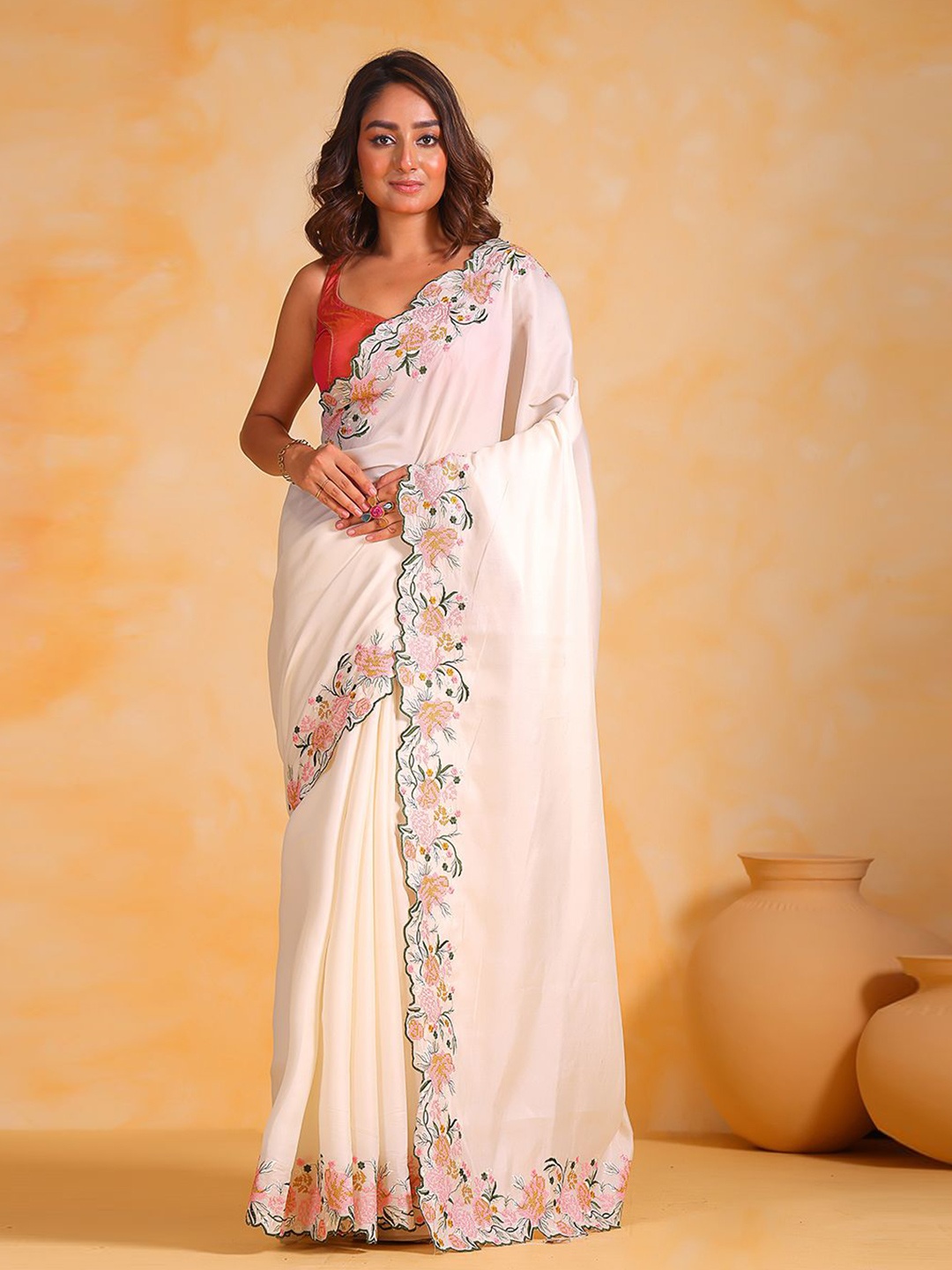 

SAREESBYCHIRAG Embroidered Silk Blend Saree, White