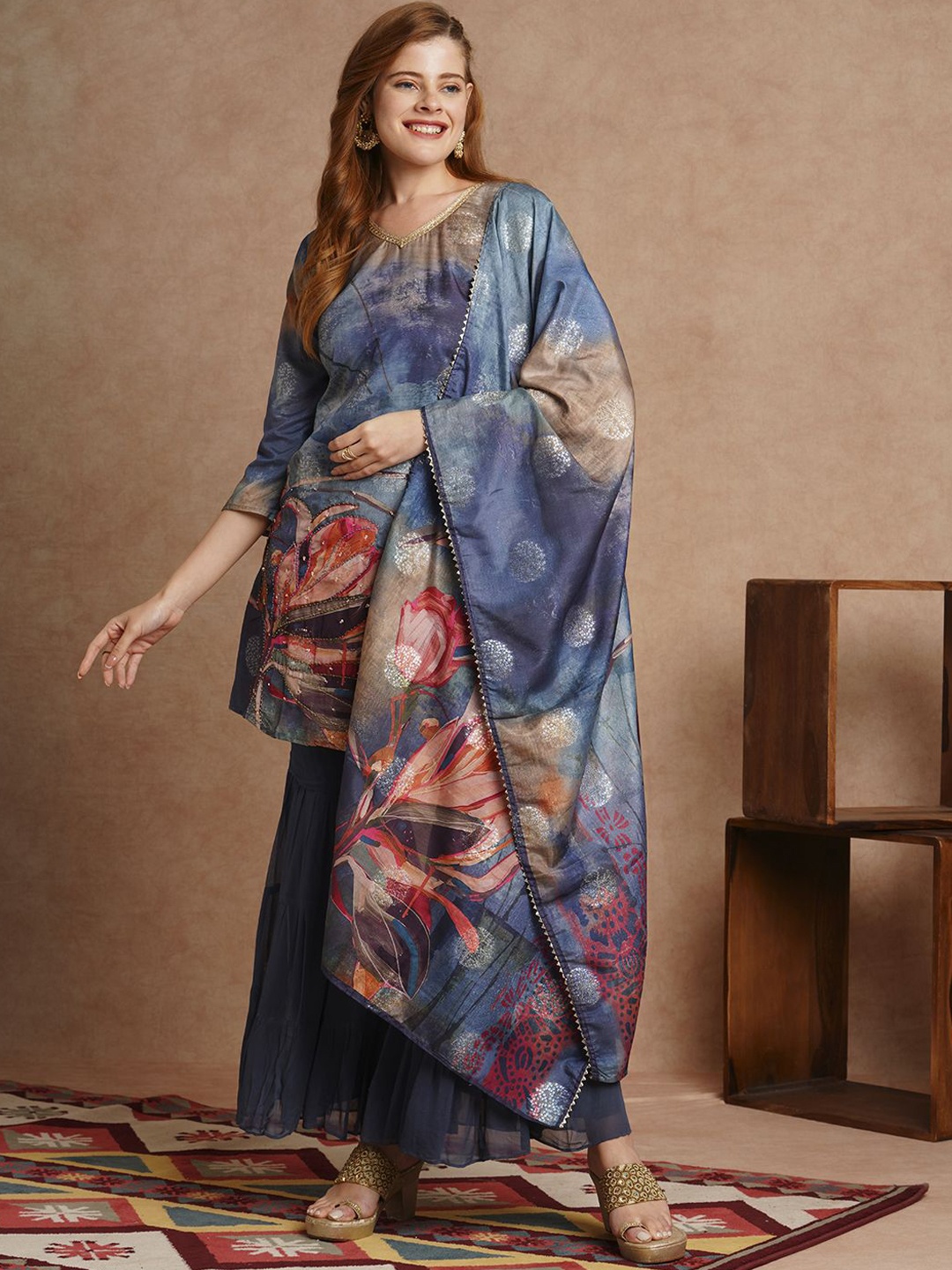 

FASHOR Women Floral Printed Regular Beads and Stones Chanderi Cotton Kurta with Sharara & With Dupatta, Blue