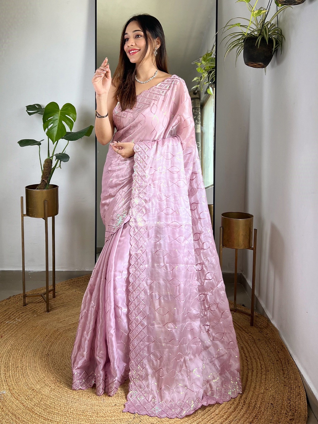 

Munir Embellished Sequinned Organza Saree, Pink