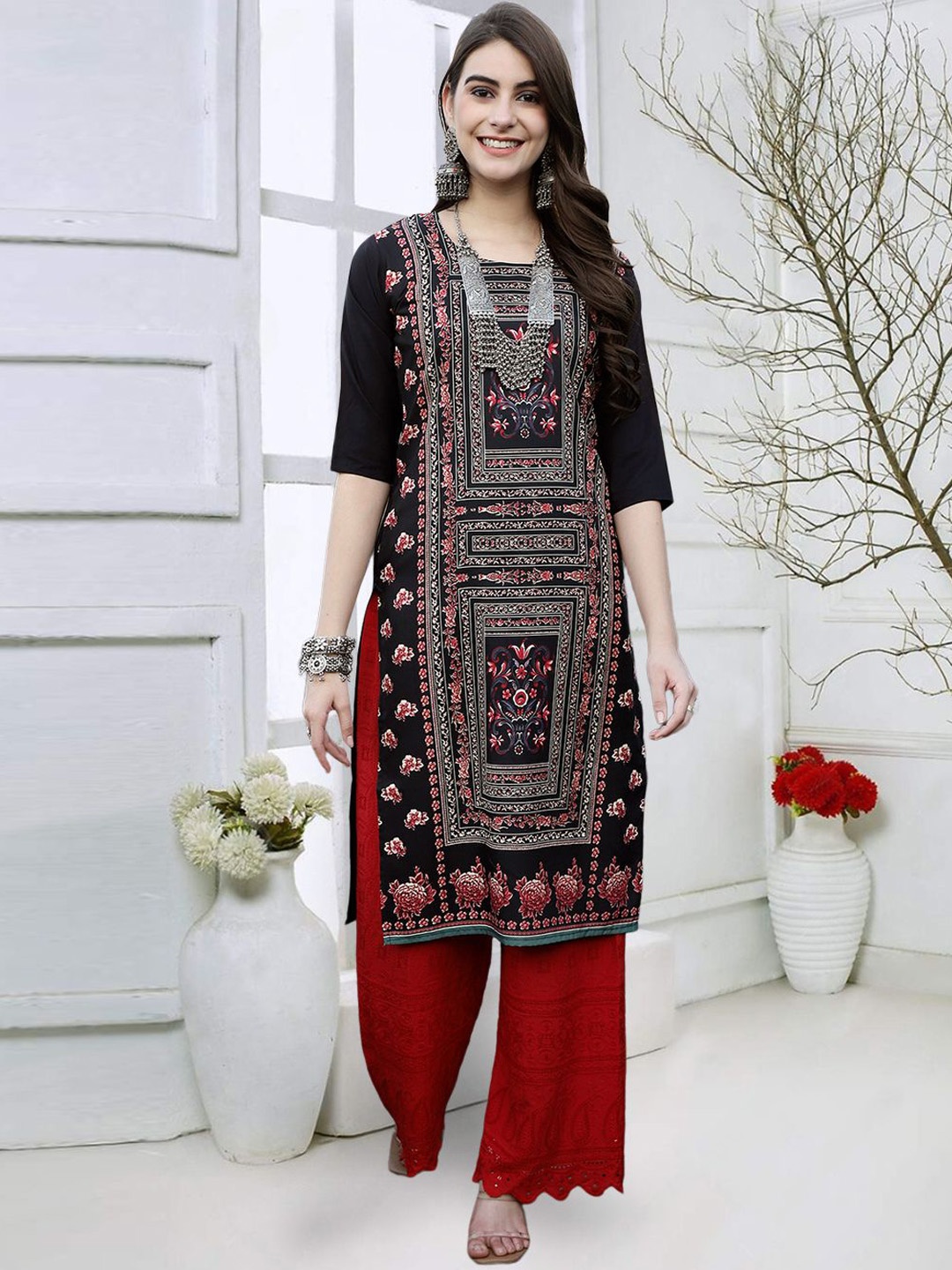 

7Threads Women Geometric Embroidered Keyhole Neck Cold-Shoulder Sleeves Mirror Work Floral Crepe Kurta, Multi