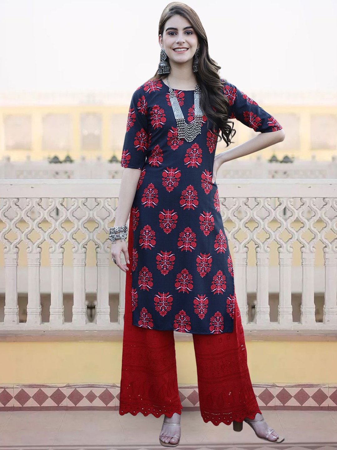 

7Threads Women Ethnic Motifs Printed Sequinned Floral Crepe Kurta, Multi
