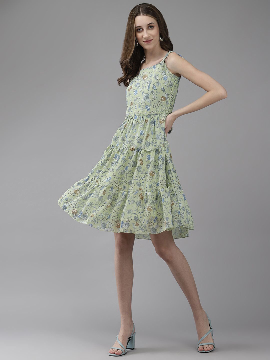 

BAESD Floral Print Georgette A-Line Dress, Green