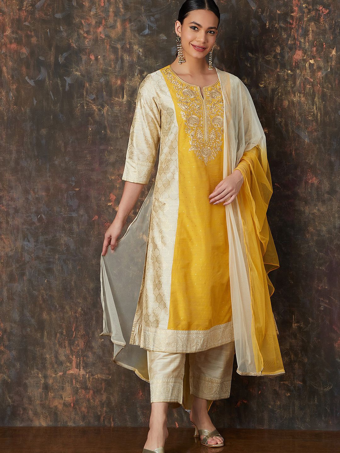 

Melange by Lifestyle Women Floral Embroidered Regular Kurta with Trousers & With Dupatta, Mustard
